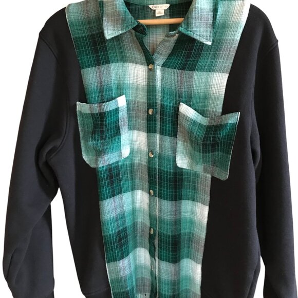 Upcycled Flannel Shirt, Size M: Green Plaid Sweatshirt, Button-Down Sweater - Picture 9 of 11